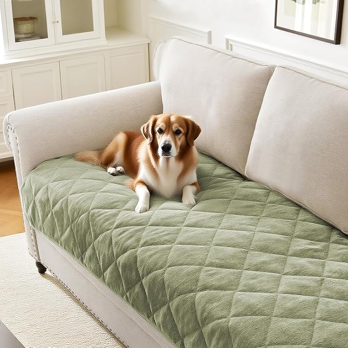 PrinceDeco Couch Covers for Dogs Chenille Sofa Covers for 2 Cushion Washable Quilted Checkered Fuzzy Pet Couch Cover Soft Couch Protector Non-Slip Sofa Pads for Puppy Cat Kids(34.5" x 60", Green) by PrinceDeco