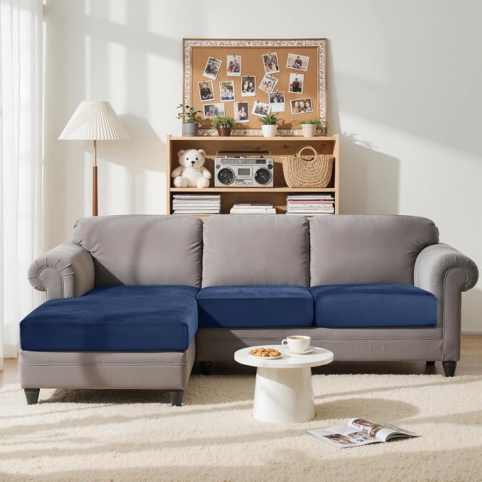 CHUN YI Velvet Couch Cushion Covers, 3 PC Water Resistant Sectional Couch Covers for L Shape Sofa, Individual Seat Cushion Protector for Pets (2 Seater + 1 Chaise, Navy Blue) - Image 2