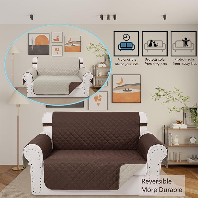 Reversible Loveseat Couch Sofa Covers, 2-Seater, Chocolate | Loveseat Covers for Dogs Water Repellent, Friendly Furniture Protector with Elastic Straps for Living Room - Image 2