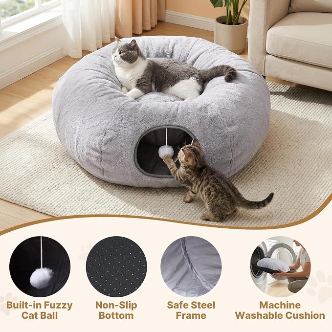 Cat Tunnel Bed for Indoor Cats, 31.5in Round Cat Tunnel for Small Cats, Cat Donut Tunnel with Washable Plush Mat, Collapsible Tunnel Hideplace for Kittens, Squirrels Grey - Image 6