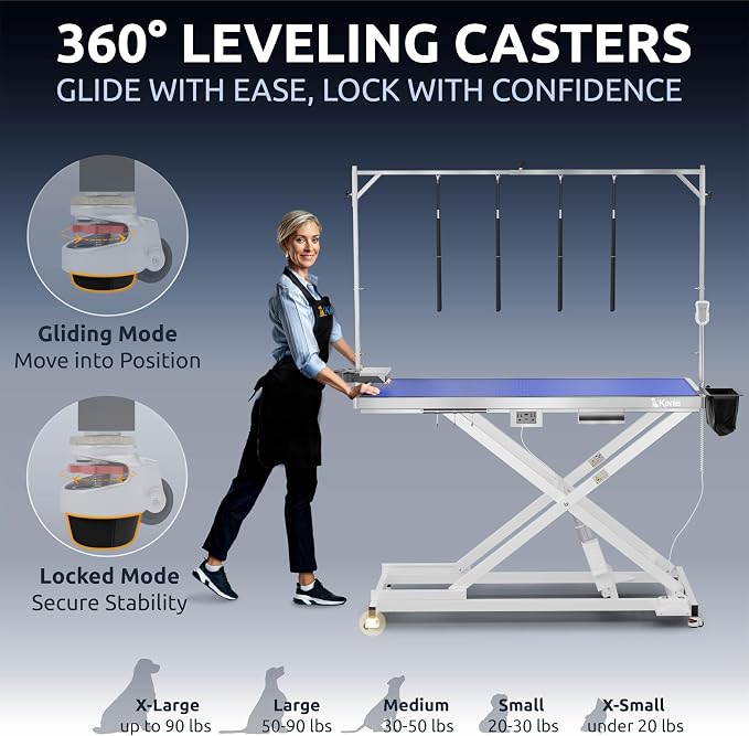 KANIS Professional Electric Dog Grooming Table - Heavy Duty | Height Adjustable Pet Grooming Table w/Leveling Wheels, Dog Grooming Arm, Anti-Slip Tabletop & Tool Organizer (White, 60") - Image 3