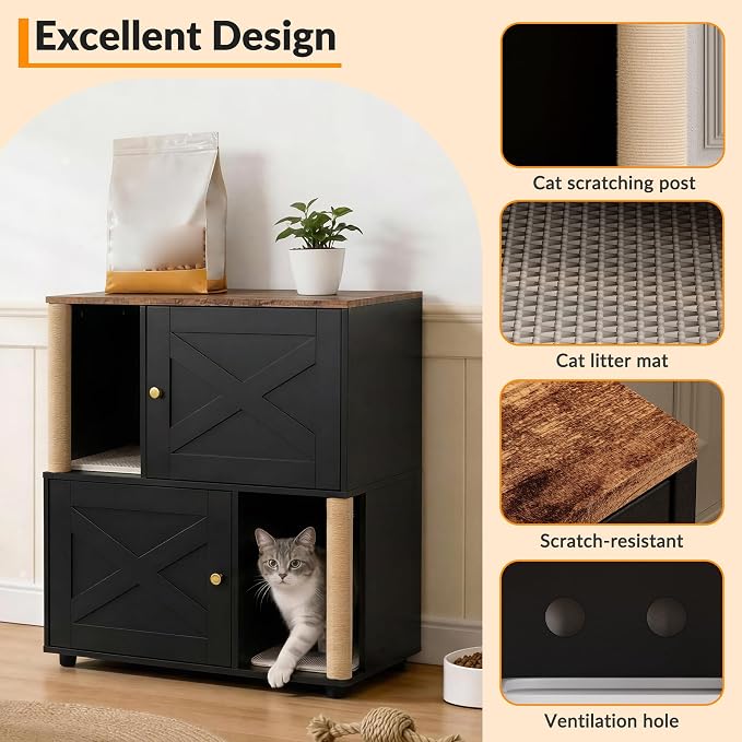 Litter Box Cabinet, Hidden Cat Litter Box Furniture with Dual Compartments, Odor Control & Scratch-Resistant Panels, Compact Enclosure for Multiple Cats, White Black Grey - Image 4