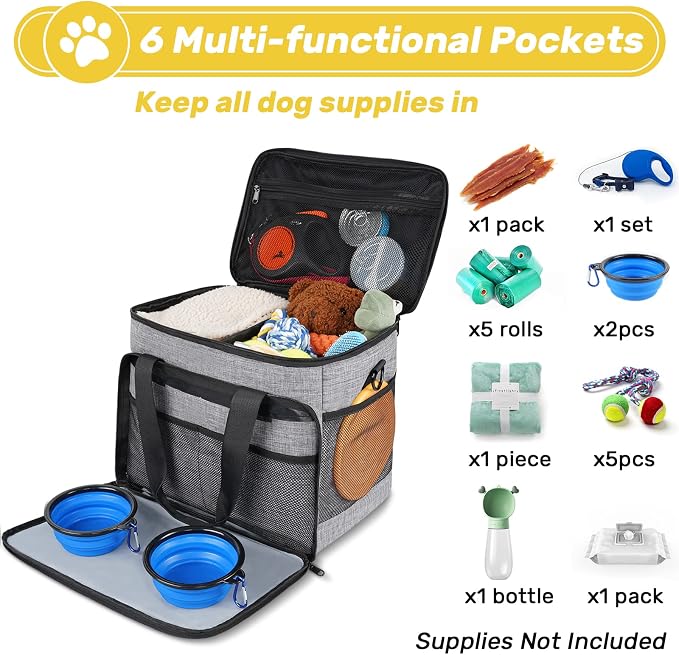 Mancro 6 Set Dog Travel Bag, Large Pet Travel Bag for Supplies Includes 2 Food Containers, 1 Travel Organizer for Dogs, 2 Collapsible Bowls, 1 Treat Pouch - Image 5