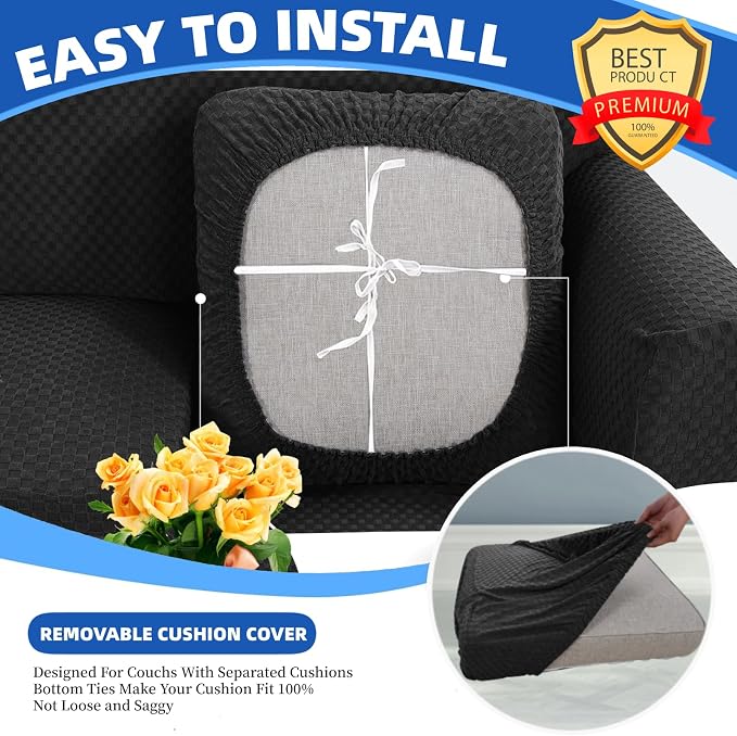 YEMYHOM Stretch Individual Cushion Covers Sofa Chair Seat Cushion Slipcovers Soft Couch Cover Replacement Large Checkered Furniture Protector with Elastic Bottom (1 Pc Cushion Cover, Black) - Image 4