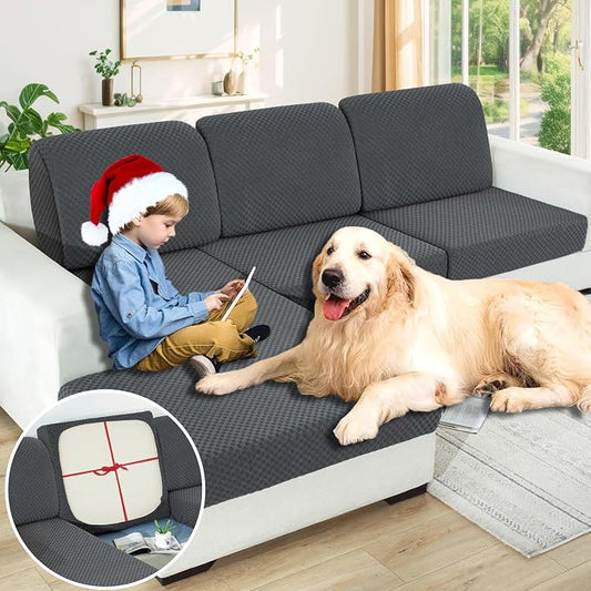 【Clearance】 Sectional Couch Covers for L Shaped Chaise Lounge 1 Piece Separate Cushion Couch Universal Replacement Large Checkered Furniture Protector with Elastic Bottom (Chaise Cover, Dark Gray) by YEMYHOM