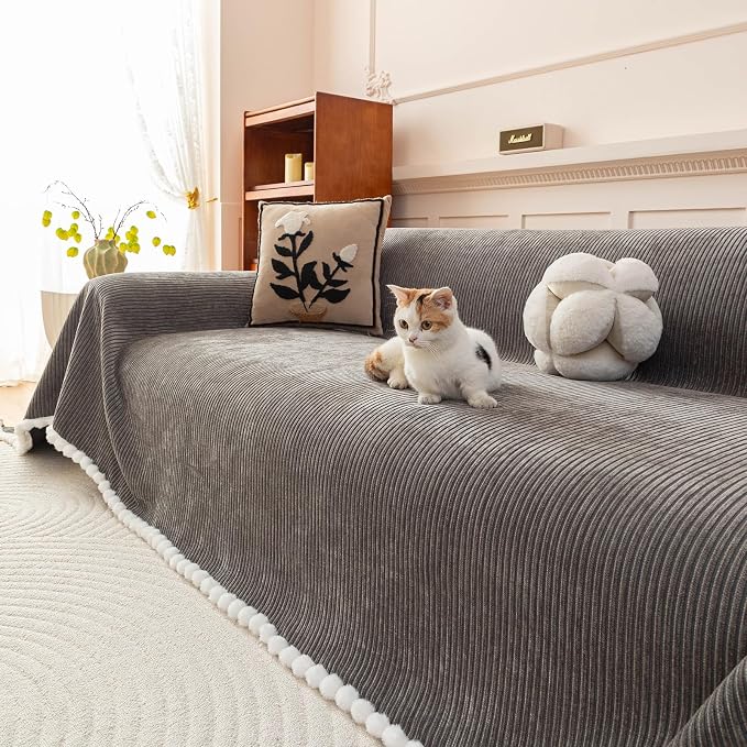 Boho Striped Couch Cover Sofa Covers Washable, Chenille Jacquard Geometric Couch Covers for 3 Cushion Couch Sofa Pet Friendly,Non Slip Thick Sofa Slipcovers for Sectional Sofa, Dark Gray-71X150IN - Image 3