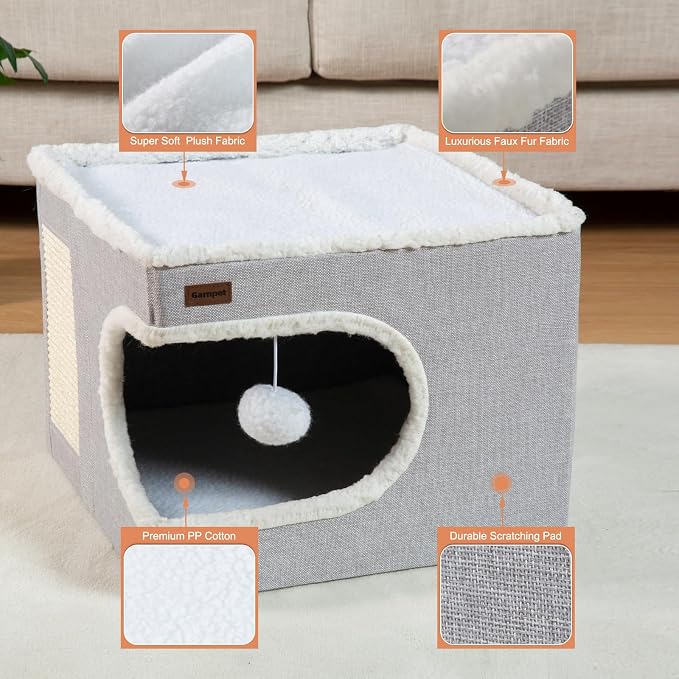 Garnpet Cat Bed for Indoor Cats Cube House, Covered Cat Cave Beds & Furniture with Scratch Pad and Hideaway Tent, Cute Modern Cat Condo for Multi Small Pet Large Kitten Kitty, Khaki - Image 6