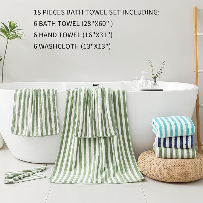 18-Piece Microfiber Bath Towels Set - 6 Bath Sheet, 6 Hand Towels, 6 Washcloths, Soft, Highly Absorbent Bathroom Towel, Quick Dry & Less Lint Shower towel for Bathroom, Hotel, Spa, Dorm-Light Green - Image 4
