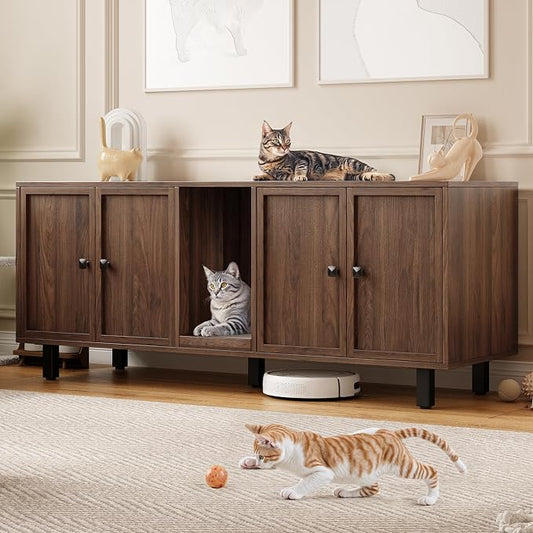 ONBRILL 63 Inches Cat Litter Box Enclosure for 2 Cats, Hidden Litter Boxes Furniture with Cat Scratch Pad, Large Indoor Pet House with Double Room, Wooden TV Stand Side Table, Walnut by ONBRILL