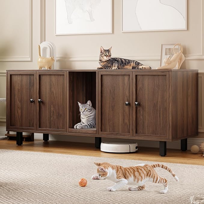 ONBRILL 59 Inches Cat Litter Box Enclosure for 2 Cats, Hidden Litter Boxes Furniture with Cat Scratch Pad, Large Indoor Pet House with Double Room, Wooden TV Stand Side Table, Walnut by ONBRILL