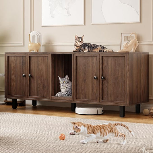 ONBRILL 59 Inches Cat Litter Box Enclosure for 2 Cats, Hidden Litter Boxes Furniture with Cat Scratch Pad, Large Indoor Pet House with Double Room, Wooden TV Stand Side Table, Walnut by ONBRILL