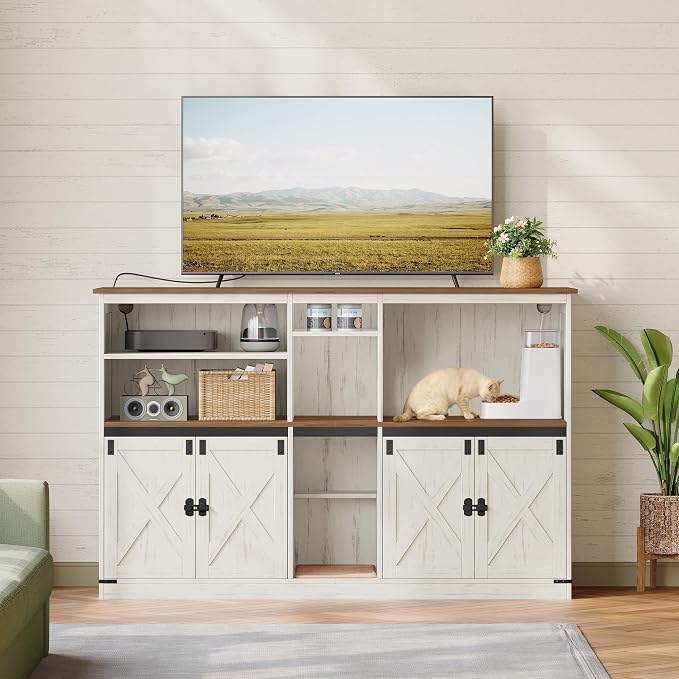 Hzuaneri Double Cat Litter Box Enclosure for 2 Cats, Cat Cabinet with Large Storage Space, Hidden Litter Box with Scratch Pad, Farmhouse Cats House, TV Stand End Table, Rustic Brown and White CB97014X - Image 3