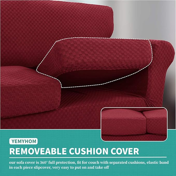 YEMYHOM Latest Checkered 4 Pieces Couch Covers for 3 Cushion Couch Extra Large High Stretch Thickened Sofa Cover for Dogs Anti Slip Furniture Protector Sofa Slipcovers (Wine Red), 91"-110"(3 CUSHIONS) - Image 4