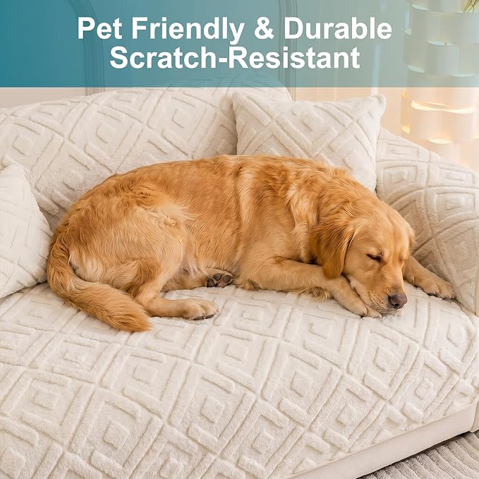 KRFOONN Couch Cover for Dogs Non Slip Washable Plush Sofa Protector Beige | Pet Sofa Slipcovers for 3 Cushion Couch, Scratch Resistant, Boho Pet Covers for Couches & Sofas (35.5" x 71") - Image 2