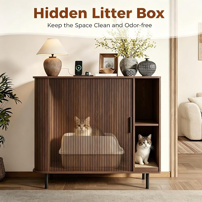 Large Cat Litter Box Enclosure with Scratch Pad, 42.6'' Hidden Litter Box Furniture for Automatic self-Cleaning Litter Boxes, Sliding Door, Adjustable Shelf for Dog Proof, Charging Station, Walnut - Image 8