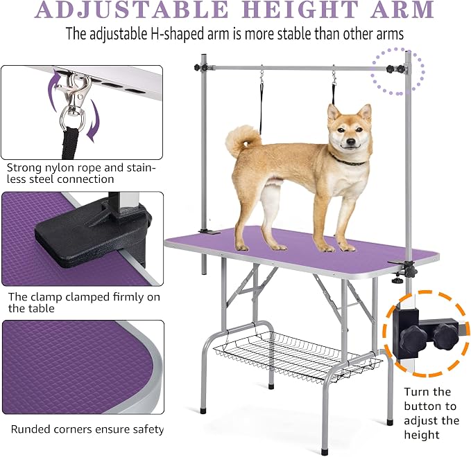 Professional Dog Pet Grooming Table Adjustable Heavy Duty Portable w/Arm & Noose & Mesh Tray (Purple, 42") - Image 3