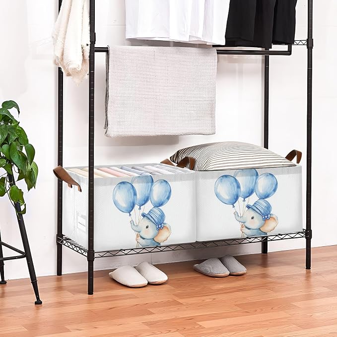 Cute Baby Elephant with Blue Balloon Storage Basket with Labels&Handles Rectangular Waterproof Nursery Storage Bins Collapsible Shelf Organizer Baskets for Kids Books Cloth Gift Basket Toys Laundry - Image 3