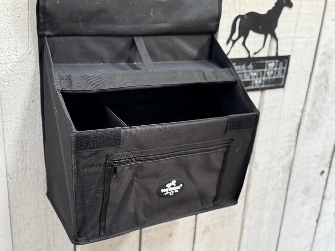 Stall Front Organizer Bag, Black, Multi-Compartment Storage, Horse Grooming Supply Holder with Top Loading Design - Image 6