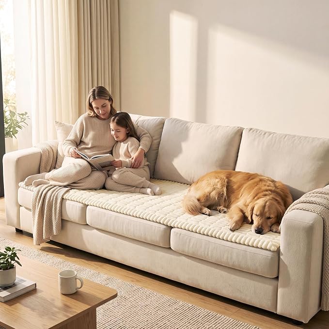 SureFit Couch Covers for Dogs,Non-Slip Washable Pet Friendly Sofa Protector | Non-Slip Paw Print Grip,Sofa Slipcovers for 2 Cushion Couch,Soft Thick Furniture Protector for Sofa Cushions(28“x60" Ivory) - Image 2