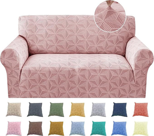 YEMYHOM 1 Piece Stretch Couch Covers for 2 Cushion Couch, Jacquard Loveseat Cover with Non-Slip Elastic Bottom, Thickened Slipcover Furniture Protector for Dogs Pets (Medium, Pink） by YEMYHOM