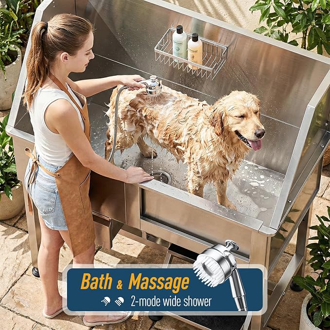 Dog Washing Station for Home,Professional 46" Stainless Steel Dog Bathing Station Height Adjustable Dog Wash Station Dog Grooming Tub Stair, Drawer, Floor Grate & Fauct (Right Stair) - Image 4