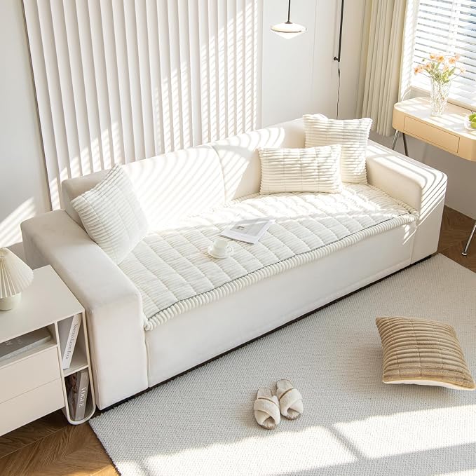 vctops Striped Couch Cover Super Soft Corduroy Sectional Sofa Cover Washable Non Slip Sofa Slipcover Furniture Protector for Kid Dog Pet,1 Piece (Cream,31"x63") - Image 4