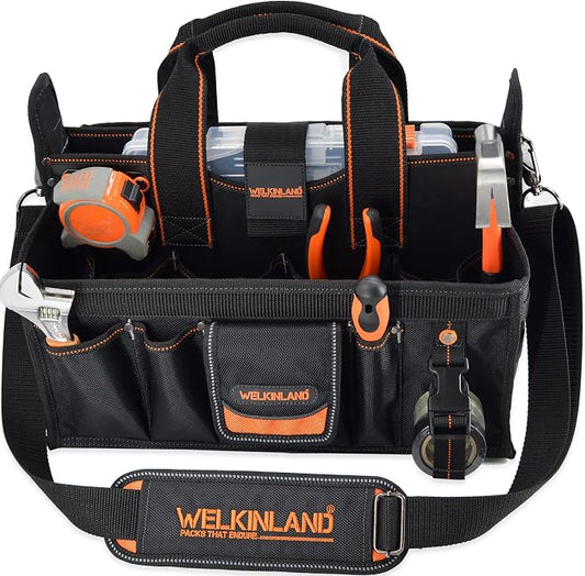 WELKINLAND 19-POCKETS Tool tote, HVAC tool bags organizer, Heavy-Duty electrician tools bag, Tool tote bag w/socket organizer tool boxes, Stay-Up maintenance tools bags by WELKINLAND