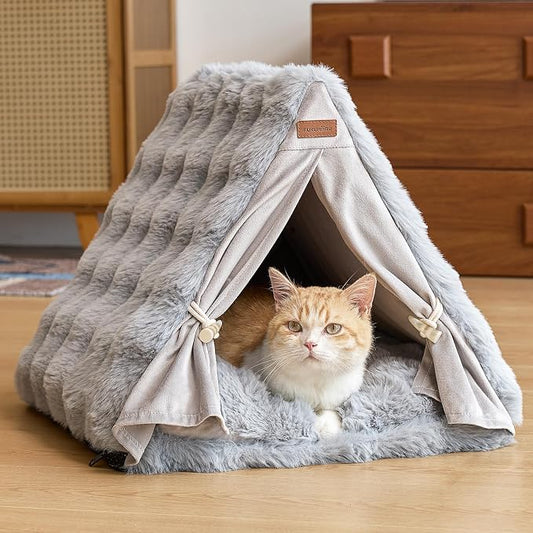 FUKUMARU Cat Cave Bed, Sturdy Frame Washable Cat Tent Bed with Curtain | Semi-Enclosed Cat Hideaway for Anxious Cats, Large Cozy Cat House for Indoor Cats, Soft Plush Covered Dog Bed, Grey by FUKUMARU