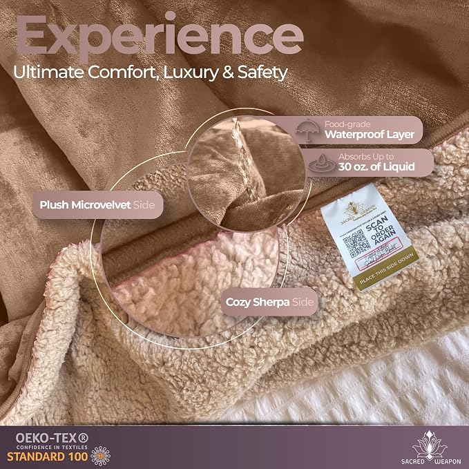 Sacred Weapon Splash Blanket – Plush Deluxe Mattress Protector – VIP Waterproof Fleece Blanket – Boonger Blanket with Moisture Barrier, Stain Proof & Washable – Queen/King Size Beige 80"x80" - Image 7