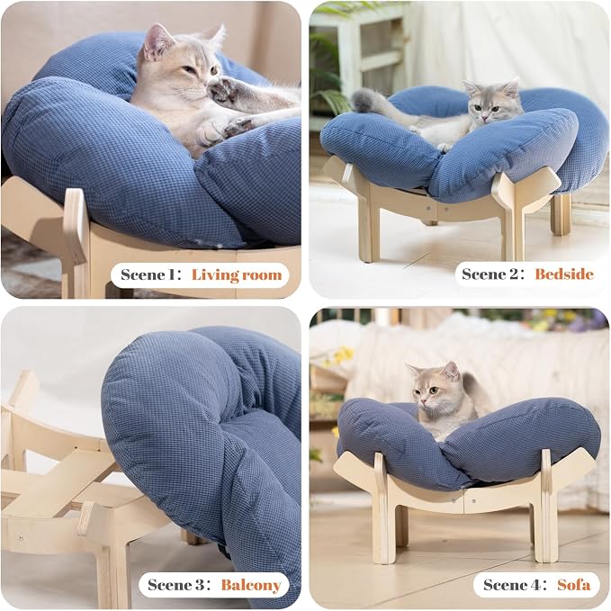 CHEERHOME PETS Elevated Cat Bed Wooden with Cushion Fluffy Pet Couch Sofa for Indoor Cats Raised Kitty Lounge Chair Suitable for Puppy, Cat Furniture(Deep Blue) - Image 8