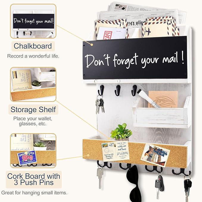 Mail Organizer Wall Mount，Key Holder Mail and Key Organizer for Wall with Shelf, Chalkboard, Corkboard, Home Decor for Room Office Entryway(Ivory White) - Image 4