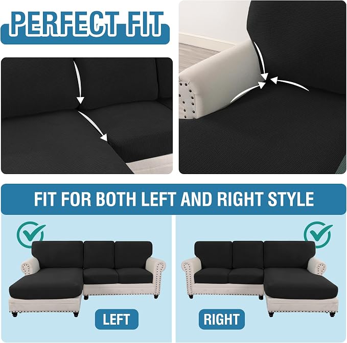 H.VERSAILTEX 2025 New Sectional Couch Covers 6 Pieces Stretch Sofa Covers for Sectional Sofa Set Separate L Shaped Couch Cover for Both Left/Right Couch (Seat and Back: 1 Chaise + 2 Sofa, Black) - Image 5
