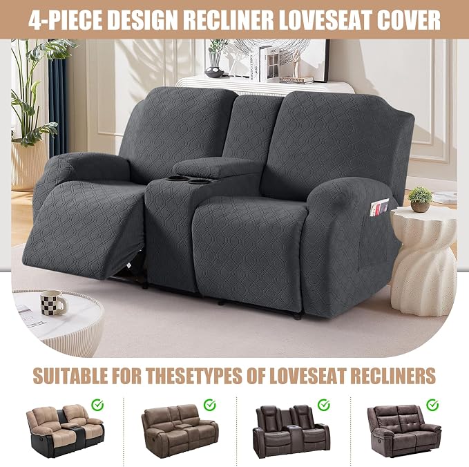VANSOFY Recliner Loveseat Cover with Middle Console Stretch Reclining Sofa Slipcover for 2 Seat Jacquard Reclining Couch Sofa Covers Furniture Protector with Elastic Straps Bottom (Black Gray) | 4-Pieces, Soft Furniture Protector, Washable Slipcover wi... - Image 4