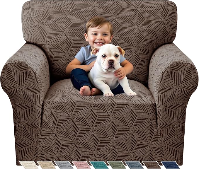 YEMYHOM 1 Piece Stretch Chair Sofa Slipcovers Couch Covers for 1 Seat, Jacquard Armchair Covers with Non-Slip Elastic Bottom, Thickened Furniture Protector for Dogs Pets kids (Small, Brown） by YEMYHOM