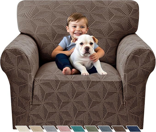 YEMYHOM 1 Piece Stretch Chair Sofa Slipcovers Couch Covers for 1 Seat, Jacquard Armchair Covers with Non-Slip Elastic Bottom, Thickened Furniture Protector for Dogs Pets kids (Small, Brown） by YEMYHOM