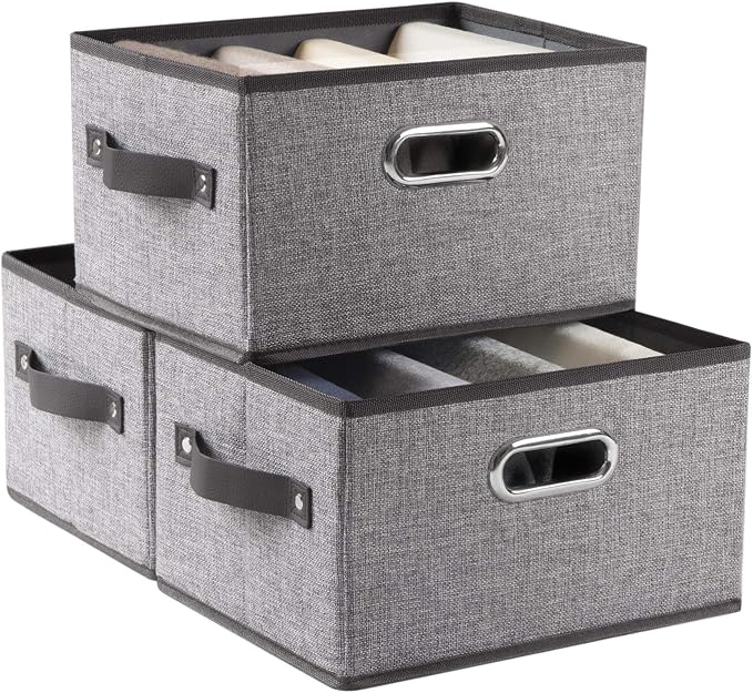 PRANDOM Fodable Storage Bins for Closet [3-pack] Decorative Fabric Storage Baskets Cubes with Leather/Metal Handles for Shelves Bedroom Living Room Grey (11.5x8.5x6.7 Inch) by Prandom