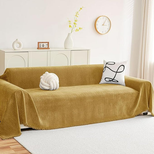hyha Couch Cover for Dogs, Boho Chenille Sofa Cover for 3 Cushion Couch | Anti-Scratch Washable Sofa Slipcover, Loveseat Sectional Couch Throw Blankets with Tassels (Yellow, 88.5x118 Inch) by hyha