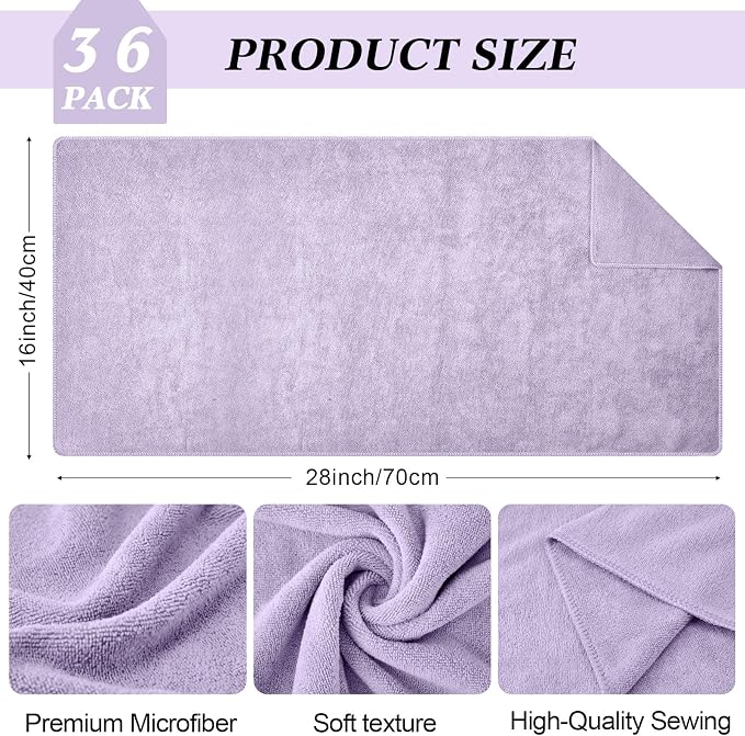 SmoothNovelty 36 Pcs Microfiber Gym Towel 16 x 28 in Bleach Proof Towels Absorbent Soft Sweat Towels Quick Dry Lightweight Towel for Hand Salon Bath Spa Hotel Pool Home Hair Care (Light Purple) - Image 2