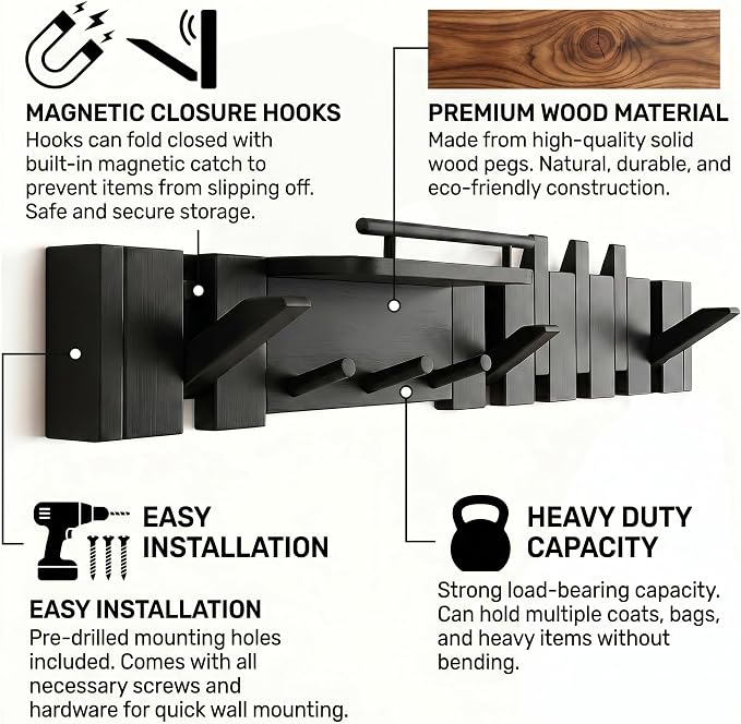 Mid Century Modern Wood Coat Rack Wall Mount with Shelf, 9 Hooks, Black | Wood and metal wall rack with fold-down piano-key hooks and display shelf organizes coats, bags, keys and decor up to 25 lb. - Image 4