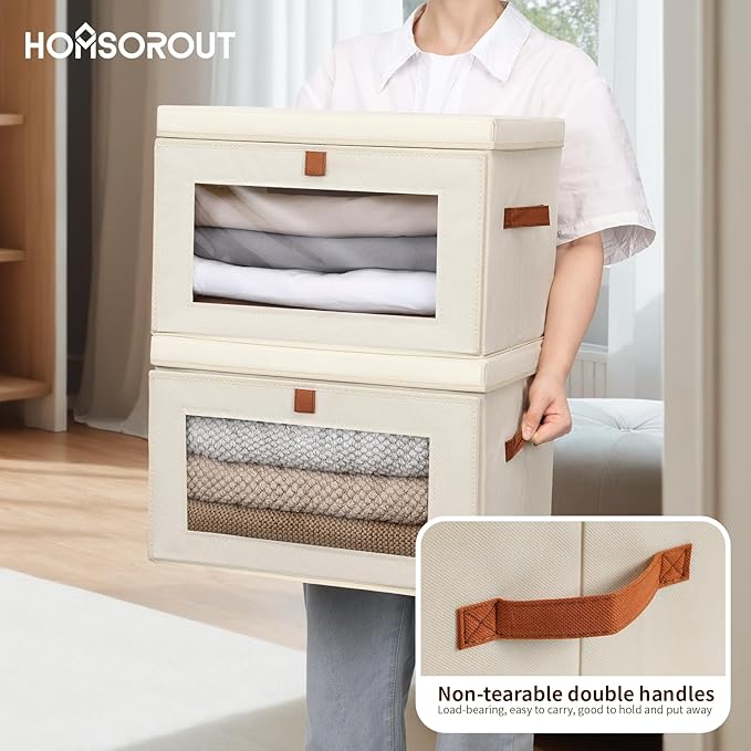 Homsorout Large Closet Storage Bins - Collapsible Clothing Organizer with Handles & Window, Decorative Bin with Lids, Linen Closet Organizers for Living Room, Dorm, 8 Pack, Beige - Image 5