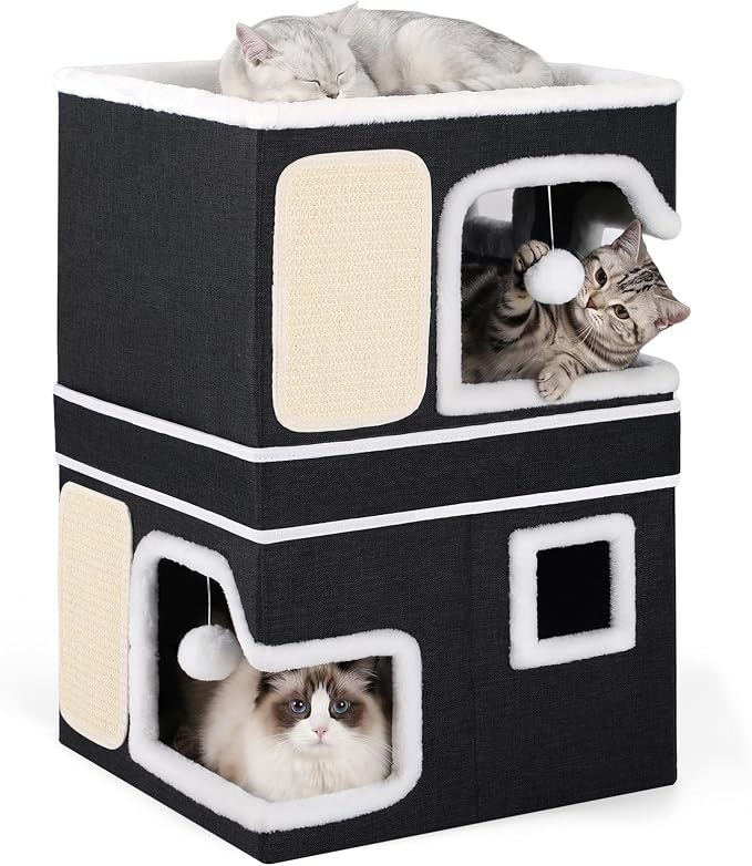 Double Cat Beds for Indoor Cats, 2-Storey Cat House with Large Cozy Hideaways, Dual Purpose Cat Cave Cube with Scratch Pads, Fluffy Balls, Foldable Indoor Cat Houses for Multi Small Pets Kitten, Black by Shikha