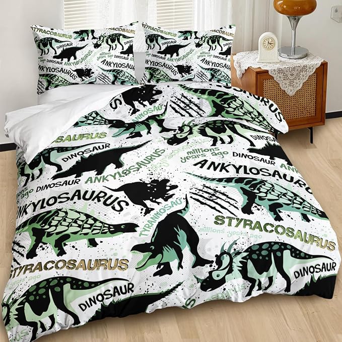 AILONEN Kids Cartoon Dinosaur Bedding Sets,Dinosaur Sketch Duvet Cover Set for Boys Girls Queen Size,Super Soft Microfiber Comforter Cover All Season Use,3-Piece,1 Quilt Cover + 2 Pillowcase - Image 2