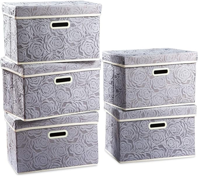 PRANDOM Foldable Storage Bins with Lids [5-Pack] Fabric Decorative Storage Box Cubes Organizer Containers Baskets with Cover Handles Divider for Bedroom Closet Living Room Grey 14.9x9.8x9.8 Inch by Prandom
