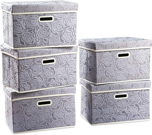 PRANDOM Foldable Storage Bins with Lids [5-Pack] Fabric Decorative Storage Box Cubes Organizer Containers Baskets with Cover Handles Divider for Bedroom Closet Living Room Grey 14.9x9.8x9.8 Inch by Prandom