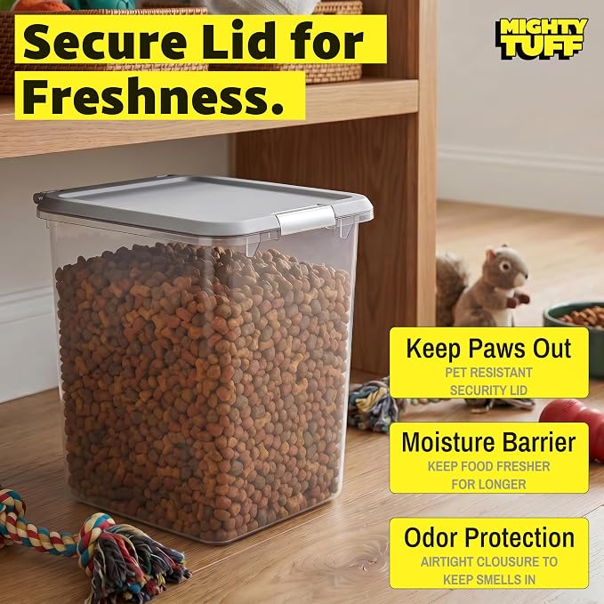 Mighty Tuff 35 lb Pet Food Storage Container with Airtight Lid, Clear | Secure lid clasp helps keep dog and cat food fresh while the clear container simplifies pantry organization. - Image 4