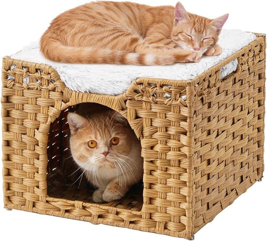 SETVSON Cat Beds Indoor Kitten House, Handwoven Rattan Cat Cave Pet Cube, Large Cat Houses, One Bed Mat, Foldable, Hideaway, 16.5x16.5x13.2 Inches, 2 S-Shaped Hooks in Living Room Bedroom Natural by SETVSON