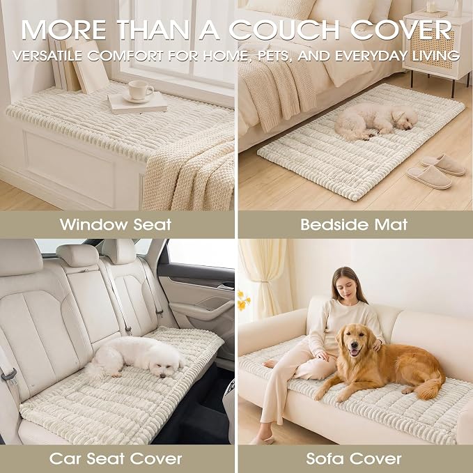 Non-Slip Washable Couch Cover for Dogs, Soft Thick Ribbed Flannel | 27.6"x82.7", Cream, 0.8" Thick, Rubber Dot Backing, Pet-Friendly Protector for Sofa, Floor, Window Bench, Car Seat or Camping - Image 7