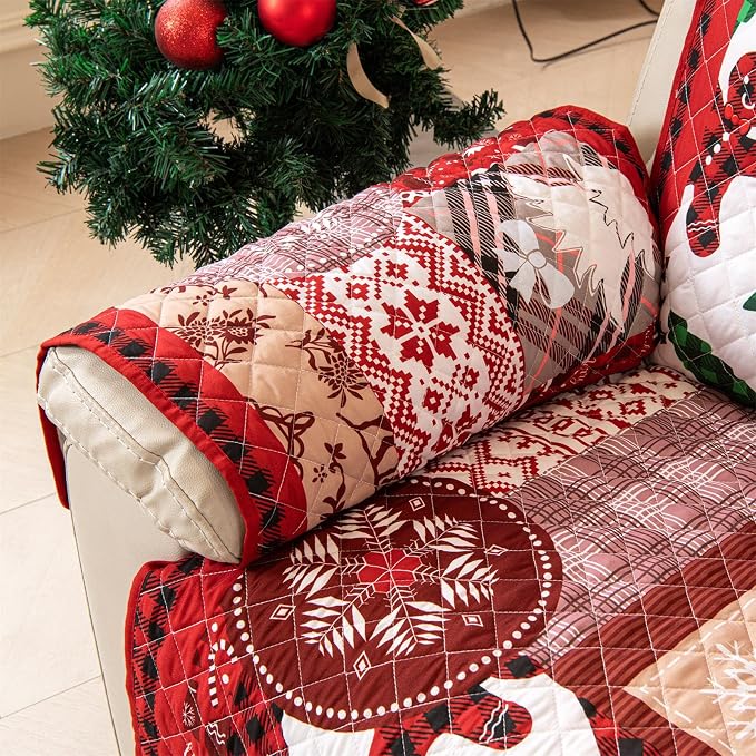 Cmfshape Christmas Skidproof Sofa Cover-Festival Sofa Slipcover with Elastic Straps-Easy Fit Slip Cover-Patchwork Washable Furniture Protector for Pets and Kids(Recliner,Red) - Image 8