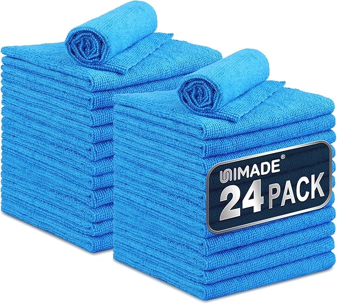 UNIMADE Microfiber Cleaning Cloth, 24 Pack Reusable Microfiber Towels | for Cars Lint Free Cleaning Shop Towel Rags for Home Kitchen Automotive Bar Mechanic Restaurant Garage, 11"x 12", Blue by Unimade