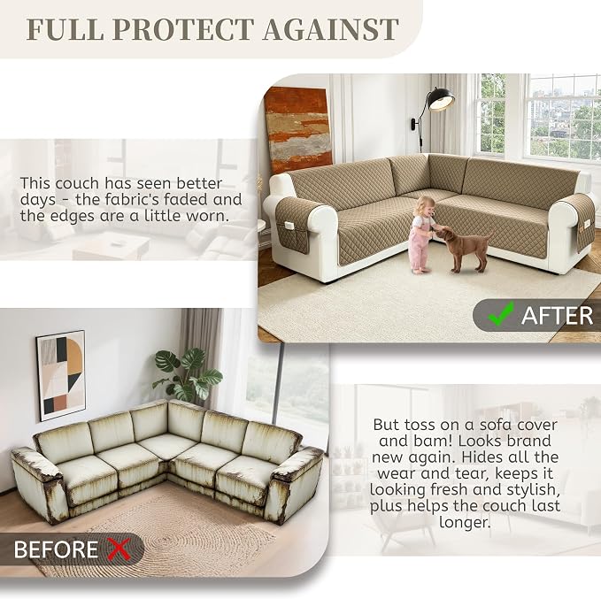 Sectional Couch Covers for Dogs 100% Waterproof Corner L Shaped Sofa Cover Pet Friendly Velvet Washable Anti Slip L Shape Modular Sofa Slipcover Protector with Pockets (Camel, XX-Large) - Image 4